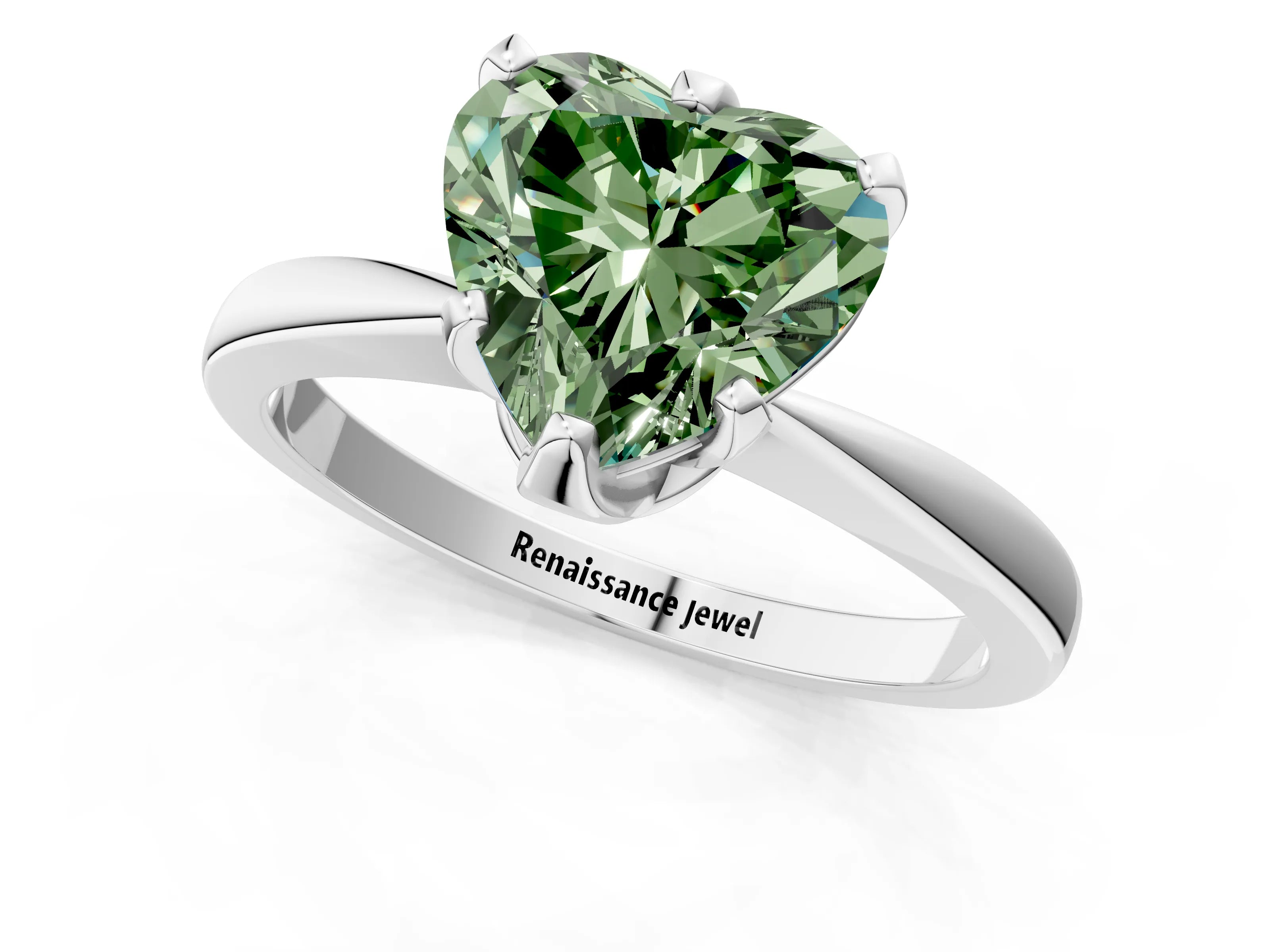 White gold Fancy Green Heart Cut Solitaire Engagement Ring with Six-Prong Setting and Tapered Band_1