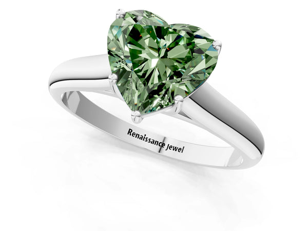 Platinum Fancy Green Heart Cut Solitaire Engagement Ring with Tapered Band and Four-Prong Setting