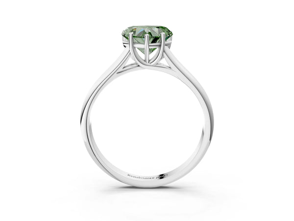 Platinum Fancy Green Heart Cut Solitaire Engagement Ring with Tapered Band and Four-Prong Setting