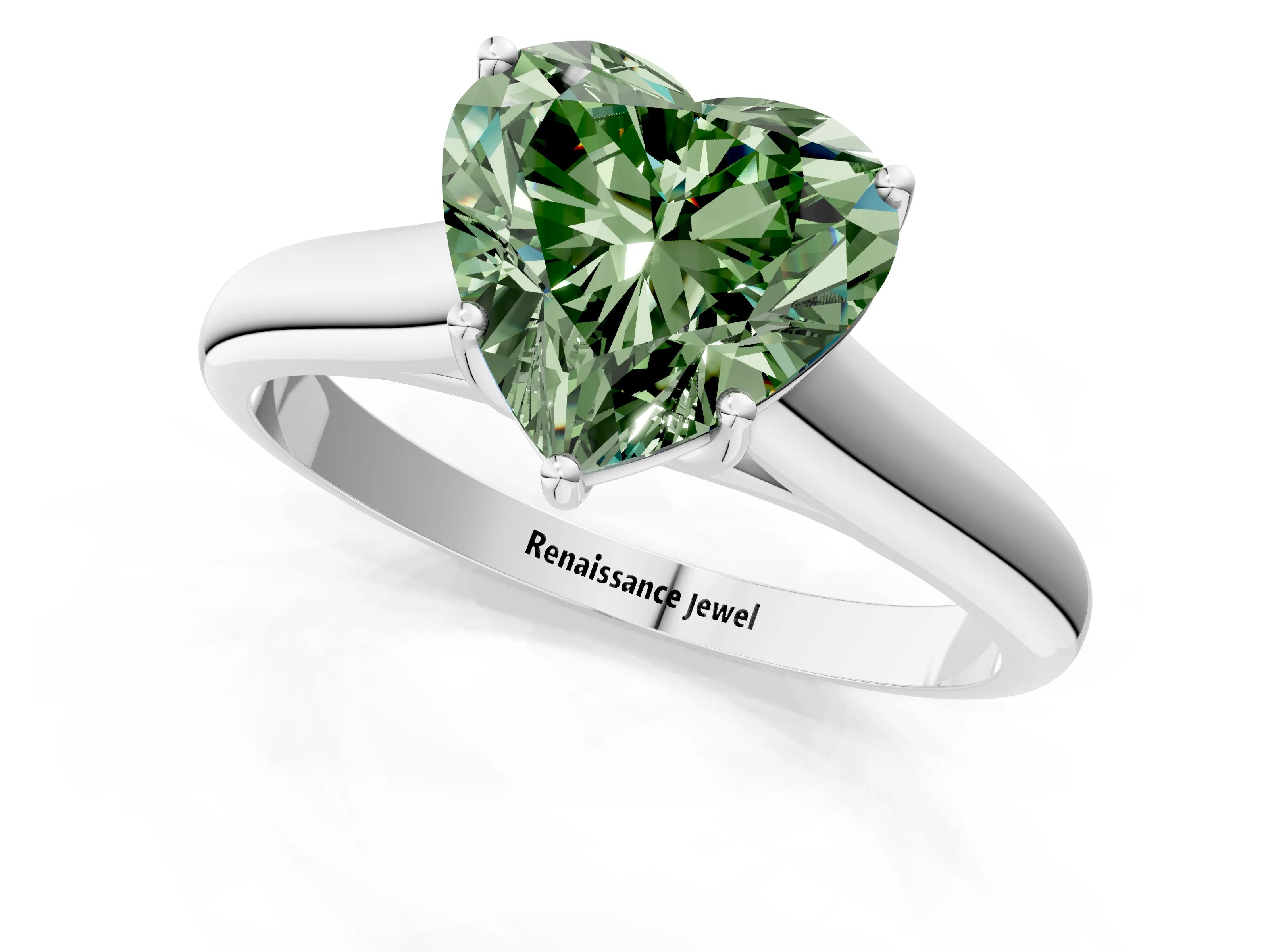 White gold Fancy Green Heart Cut Solitaire Engagement Ring with Tapered Band and Four-Prong Setting_4