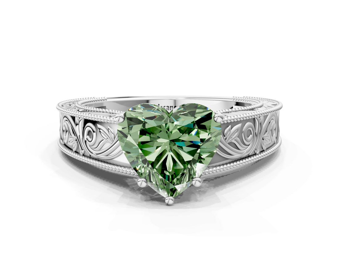 White gold Fancy Green Heart  Cut Solitaire Engraved Band with Four-Prong Setting