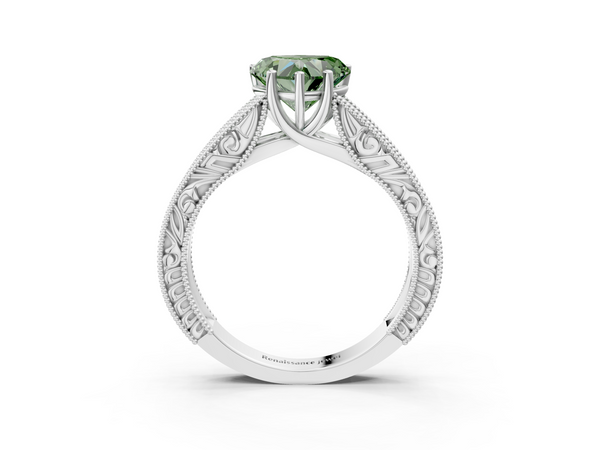 Platinum Fancy Green Heart Cut Diamond Solitaire Ring with Engraved Band and Four-Prong Setting