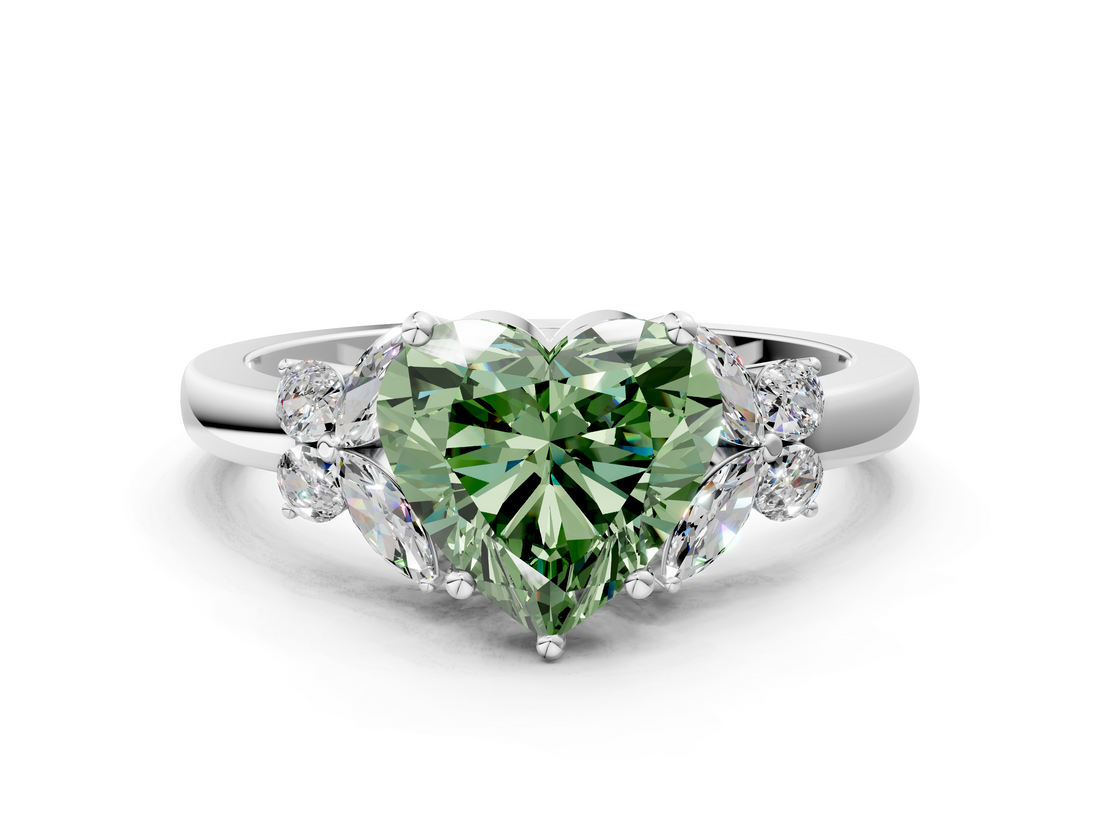 White gold Fancy Green Heart  Cut Solitaire Floral Diamond Ring with Four-Prong Setting