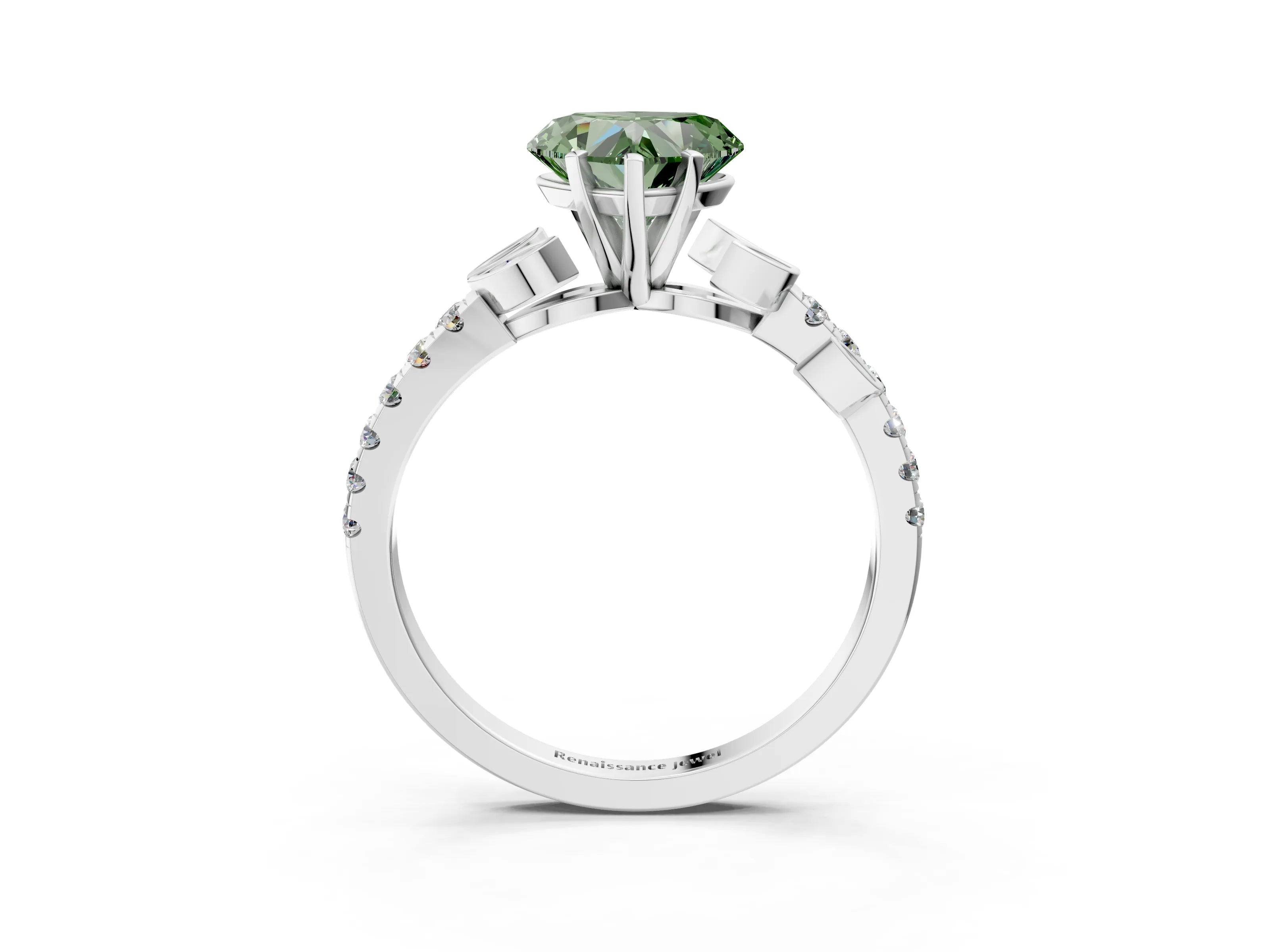 White gold Fancy Green Heart Cut Solitaire Leaf-Inspired Diamond Ring with Pavé Band and Four-Prong Setting_15