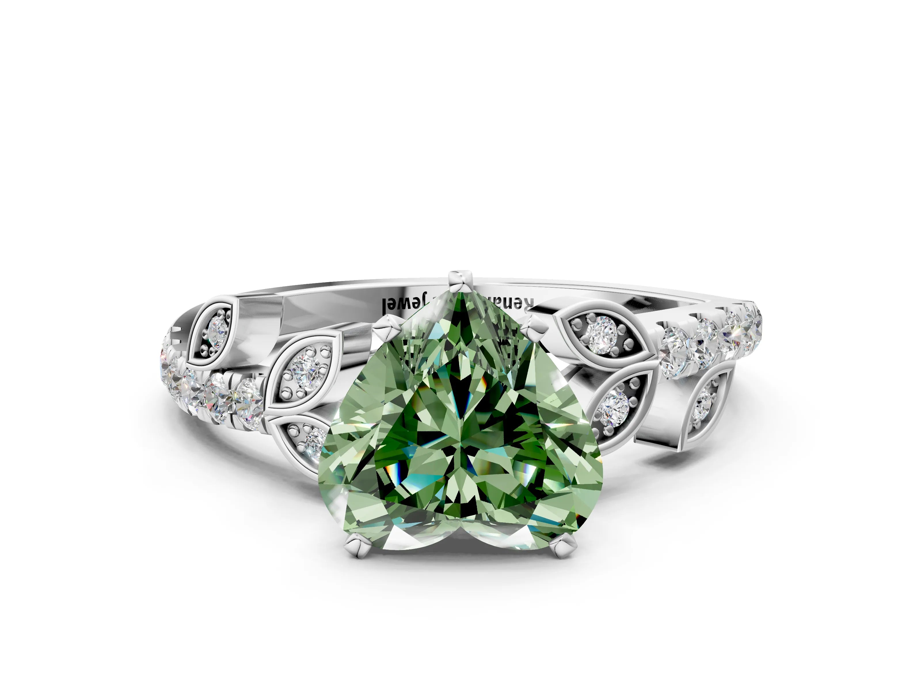 White gold Fancy Green Heart Cut Solitaire Leaf-Inspired Diamond Ring with Pavé Band and Four-Prong Setting_24