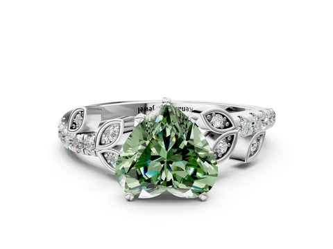 White gold Fancy Green Heart Cut Solitaire Leaf-Inspired Diamond Ring with Pavé Band and Four-Prong Setting_24