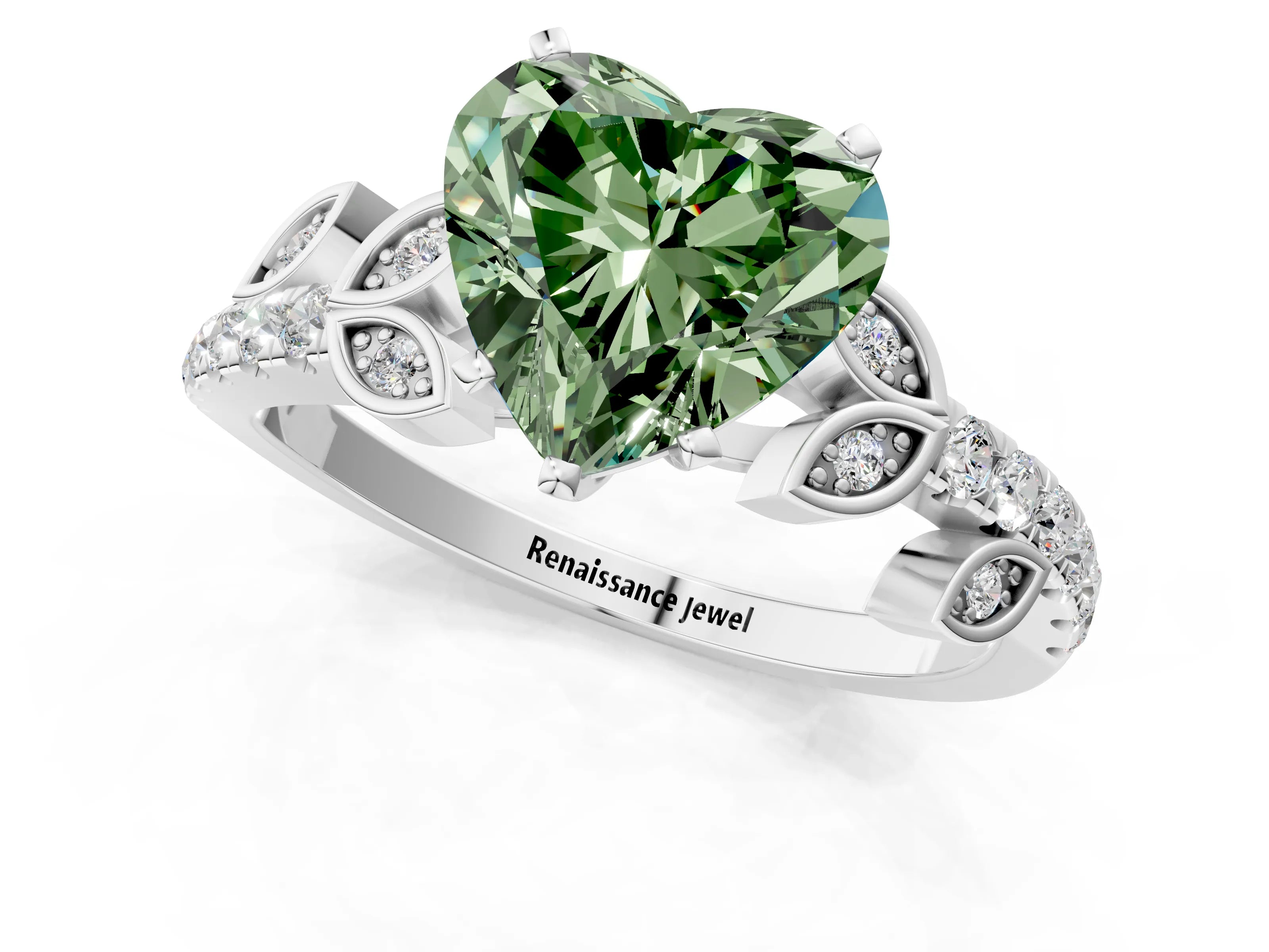 White gold Fancy Green Heart Cut Solitaire Leaf-Inspired Diamond Ring with Pavé Band and Four-Prong Setting_25