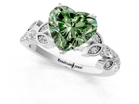 White gold Fancy Green Heart Cut Solitaire Leaf-Inspired Diamond Ring with Pavé Band and Four-Prong Setting_25