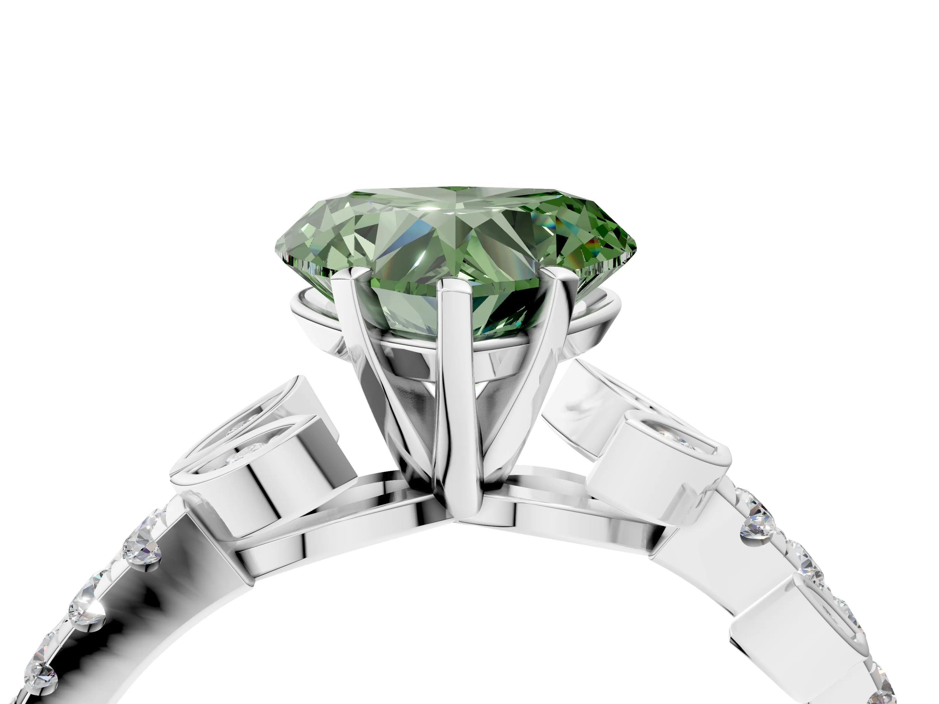 White gold Fancy Green Heart Cut Solitaire Leaf-Inspired Diamond Ring with Pavé Band and Four-Prong Setting_28