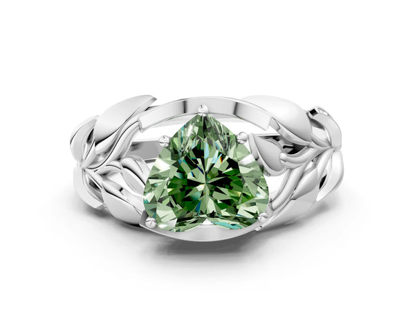 Platinum Fancy Green Heart Cut Solitaire Leaf-Inspired Engagement Ring with Prong Setting