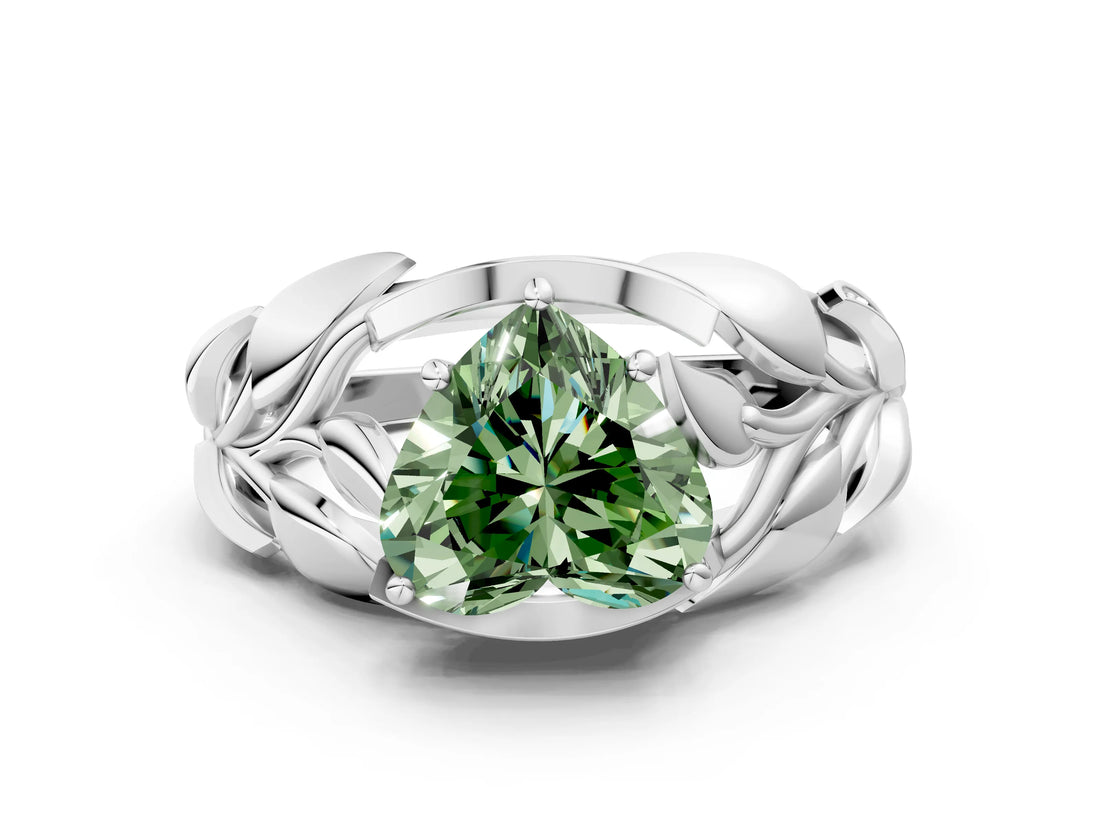 White gold Fancy Green Heart Cut Solitaire Leaf-Inspired Engagement Ring with Prong Setting_12