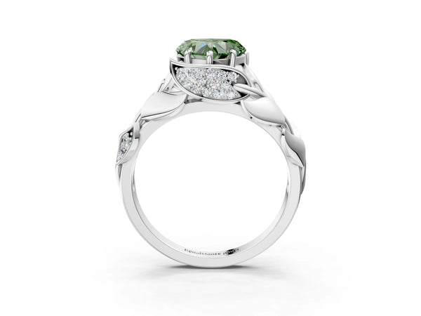 Sterling Silver Heart-Shaped Pave Leaf Bypass Engagement Ring Setting for Fancy Green Center