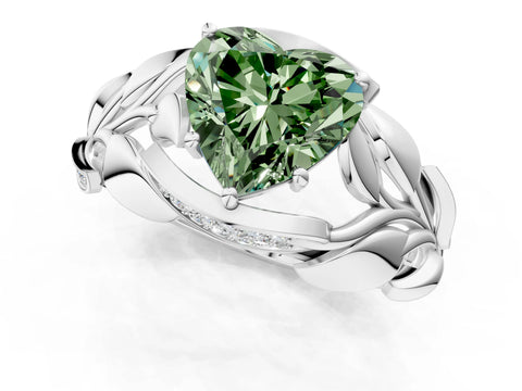 White gold Fancy Green Heart Cut Solitaire Leaf-Inspired Engagement Ring with Prong Setting_1