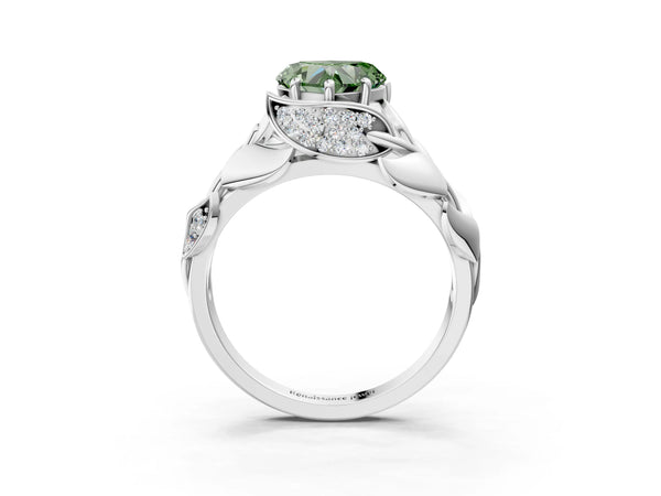 Platinum Fancy Green Heart Cut Solitaire Leaf-Inspired Engagement Ring with Prong Setting