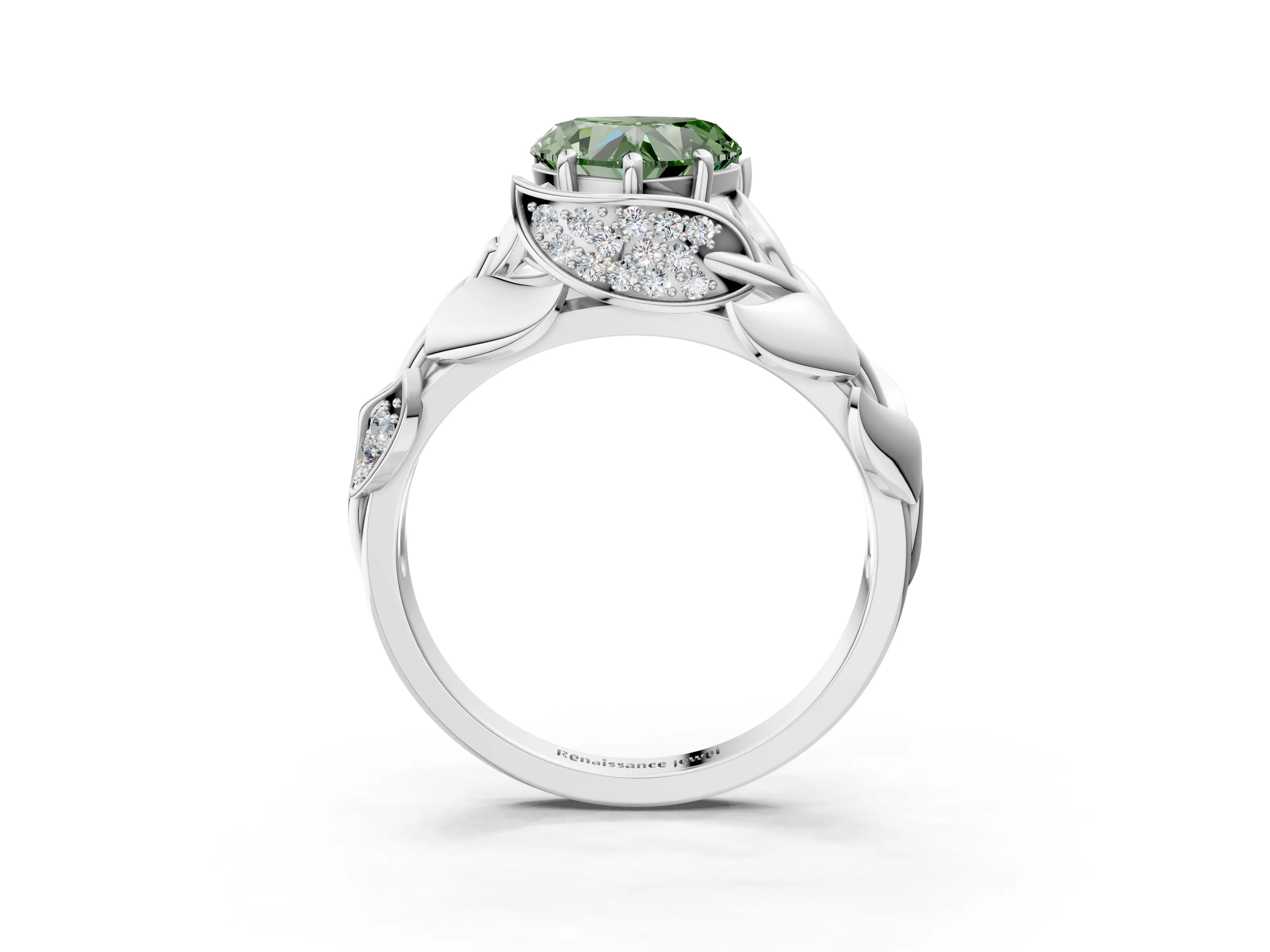 White gold Fancy Green Heart Cut Solitaire Leaf-Inspired Engagement Ring with Prong Setting_3