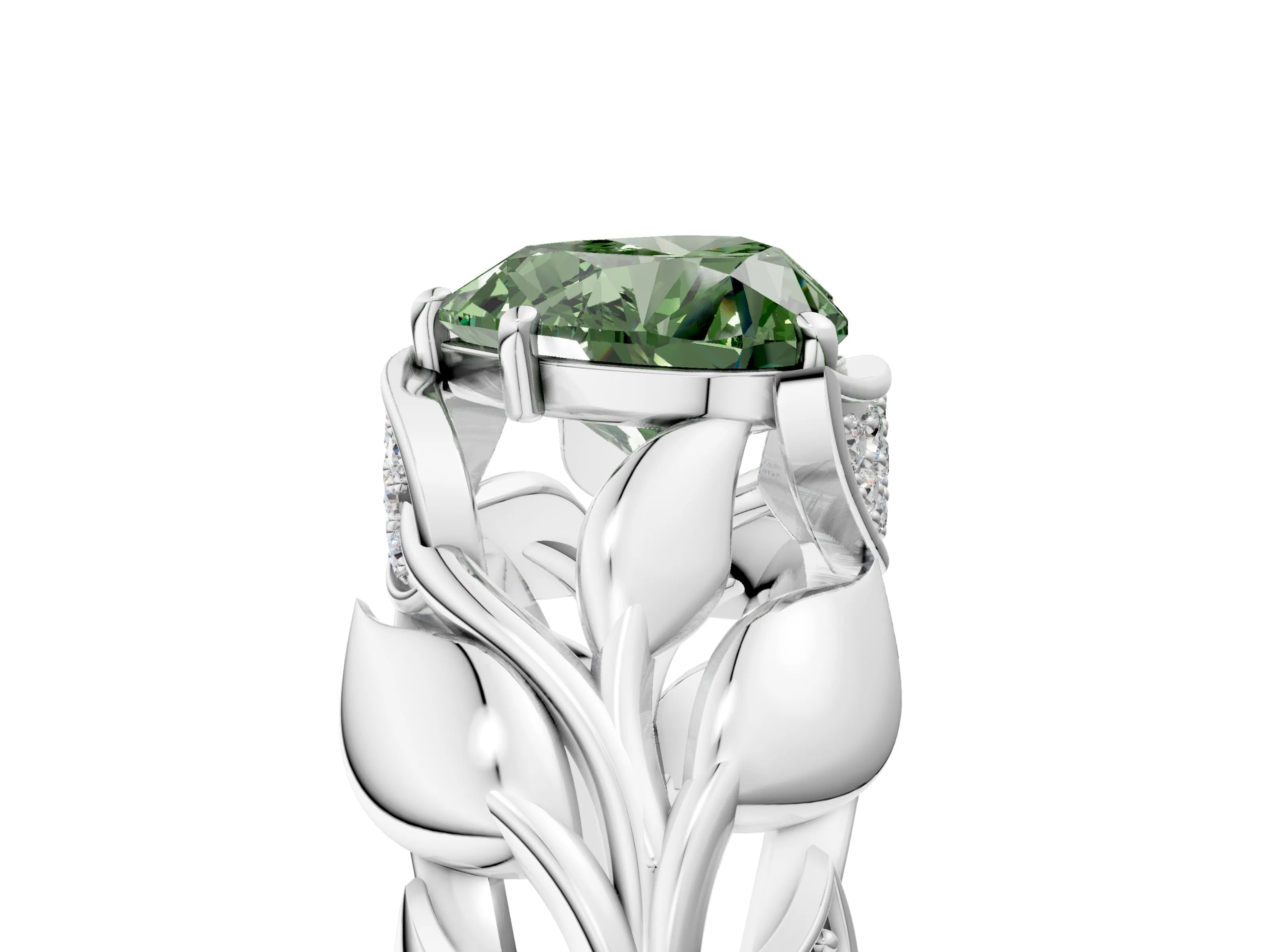 White gold Fancy Green Heart Cut Solitaire Leaf-Inspired Engagement Ring with Prong Setting_5