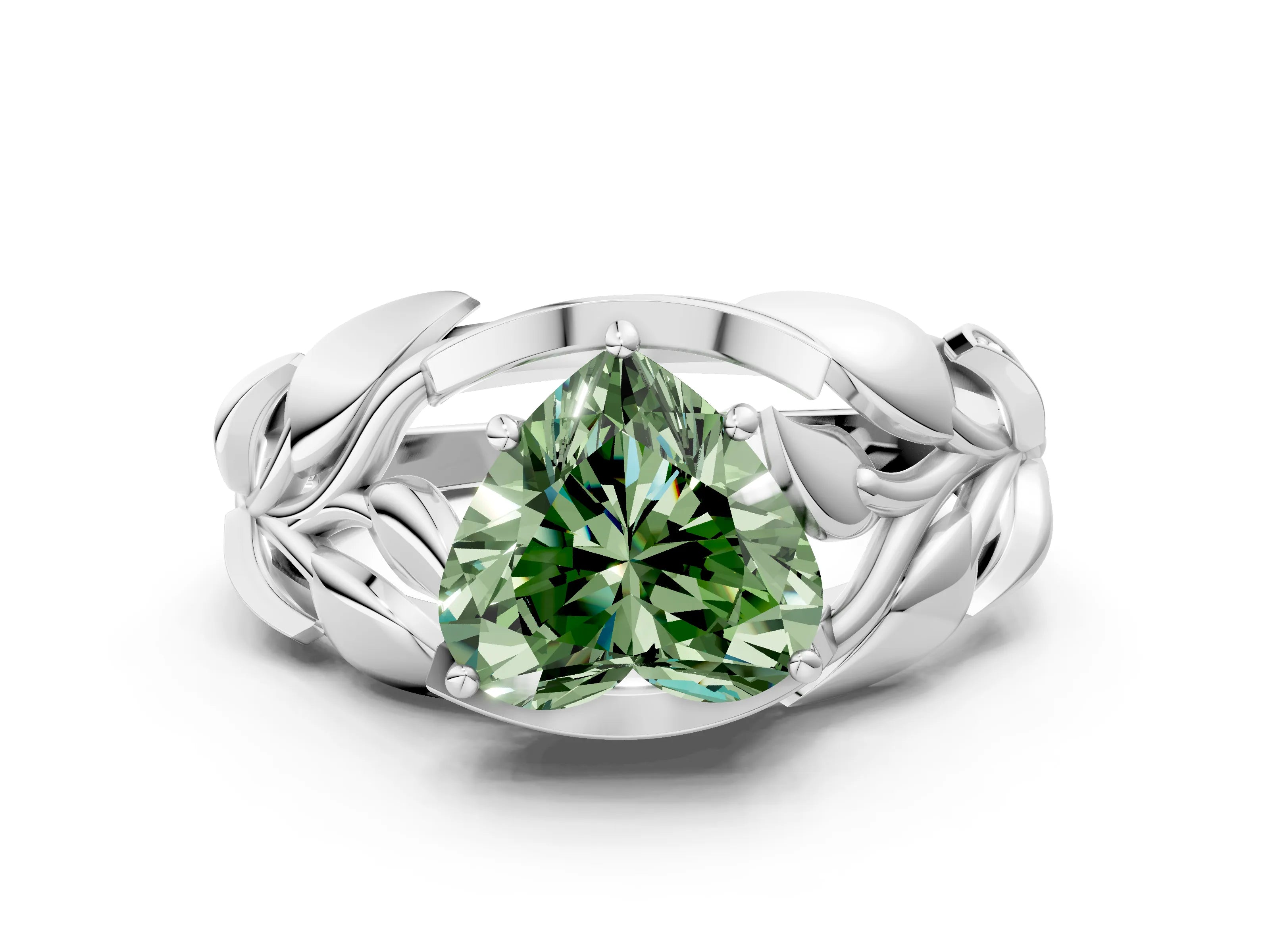 White gold Fancy Green Heart Cut Solitaire Leaf-Inspired Engagement Ring with Prong Setting