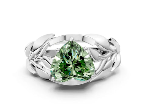 White gold Fancy Green Heart Cut Solitaire Leaf-Inspired Engagement Ring with Prong Setting