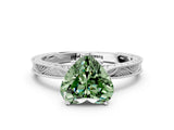 White gold Fancy Green Heart Cut Solitaire Milgrain Engraved Band with Four-Prong Setting