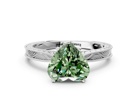 White gold Fancy Green Heart Cut Solitaire Milgrain Engraved Band with Four-Prong Setting_12