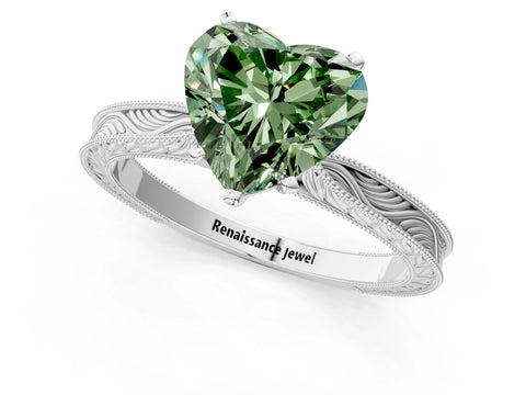White gold Fancy Green Heart Cut Solitaire Milgrain Engraved Band with Four-Prong Setting_13