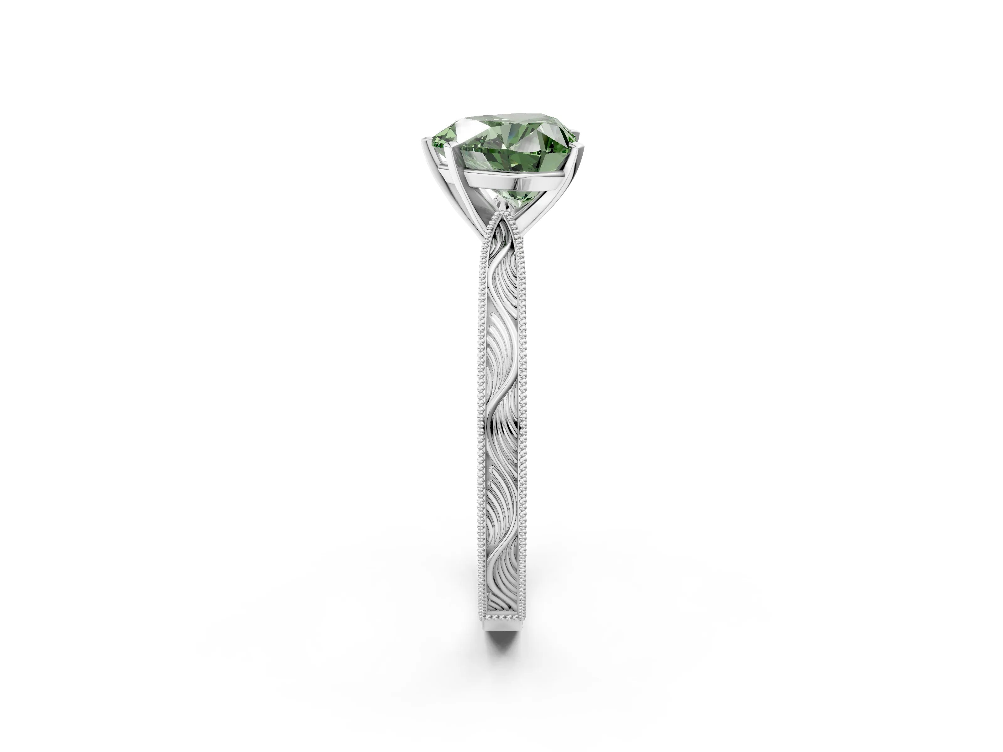 White gold Fancy Green Heart Cut Solitaire Milgrain Engraved Band with Four-Prong Setting_14