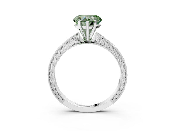 Platinum Heart-Shaped Solitaire Engagement Ring Setting for Fancy Green Center with Engraved Band