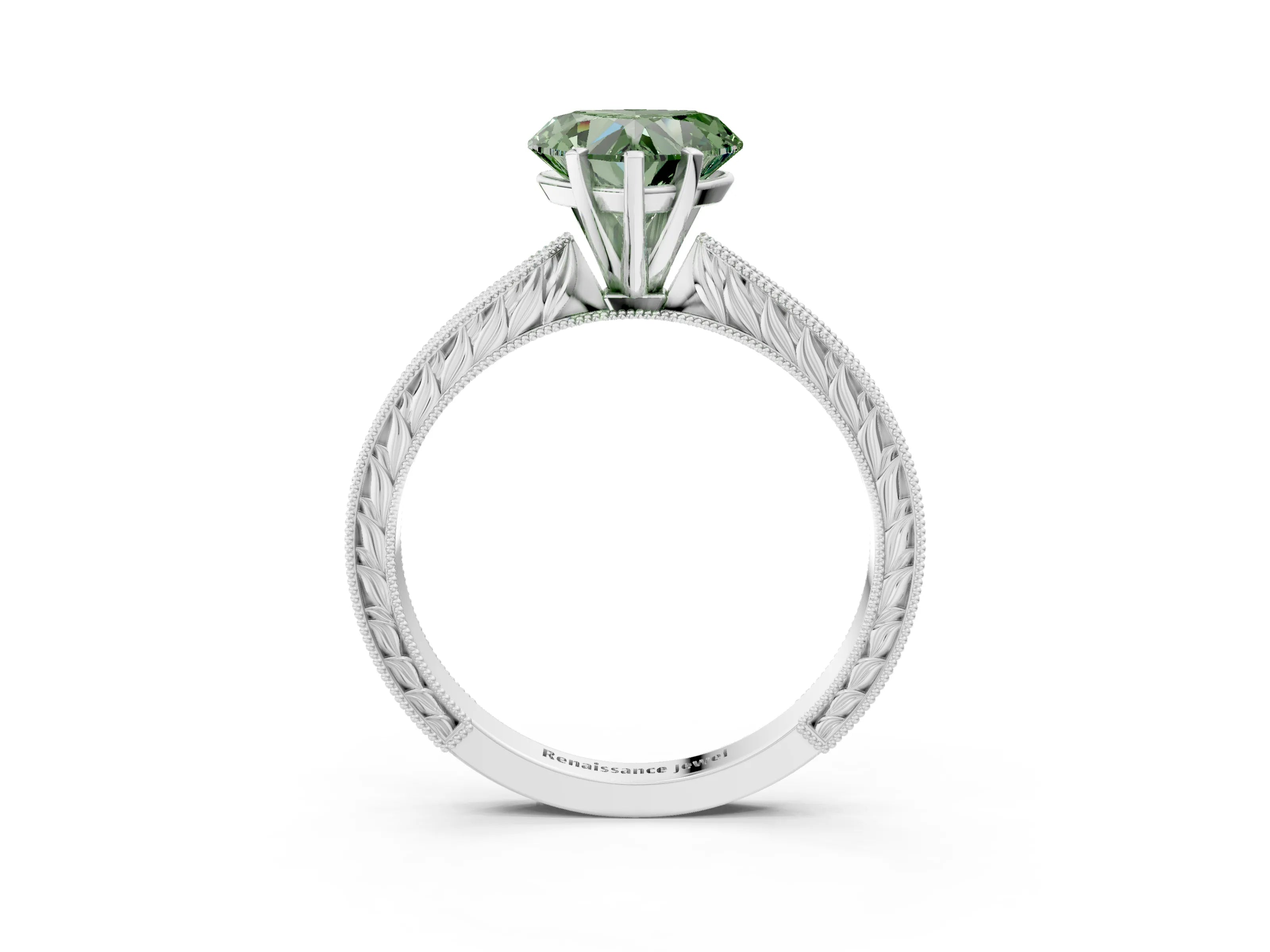 White gold Fancy Green Heart Cut Solitaire Milgrain Engraved Band with Four-Prong Setting_15
