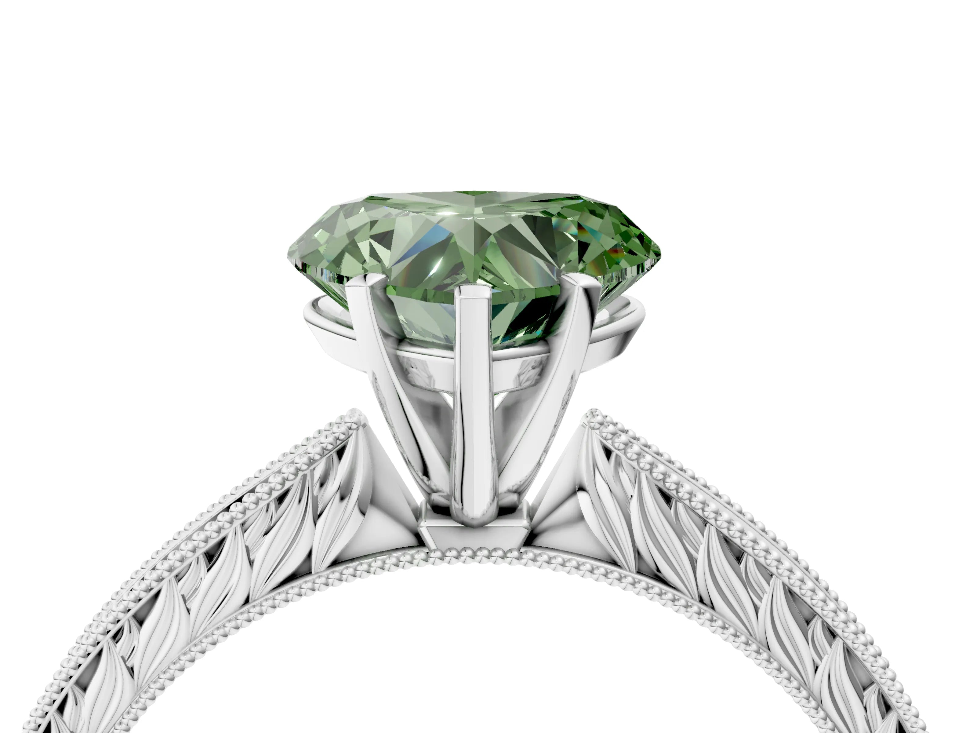 White gold Fancy Green Heart Cut Solitaire Milgrain Engraved Band with Four-Prong Setting_16