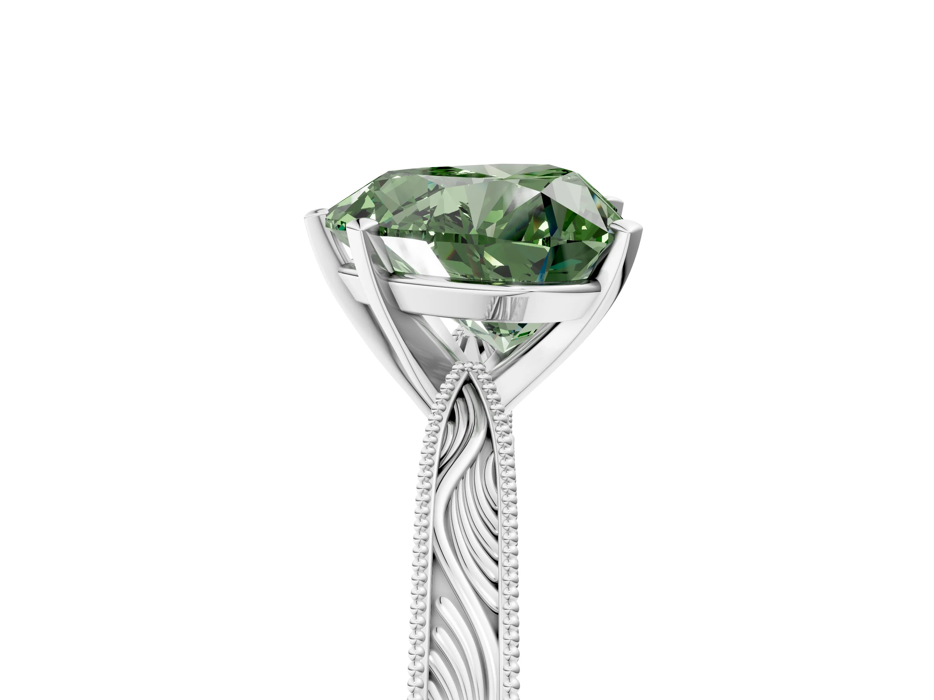 White gold Fancy Green Heart Cut Solitaire Milgrain Engraved Band with Four-Prong Setting_17