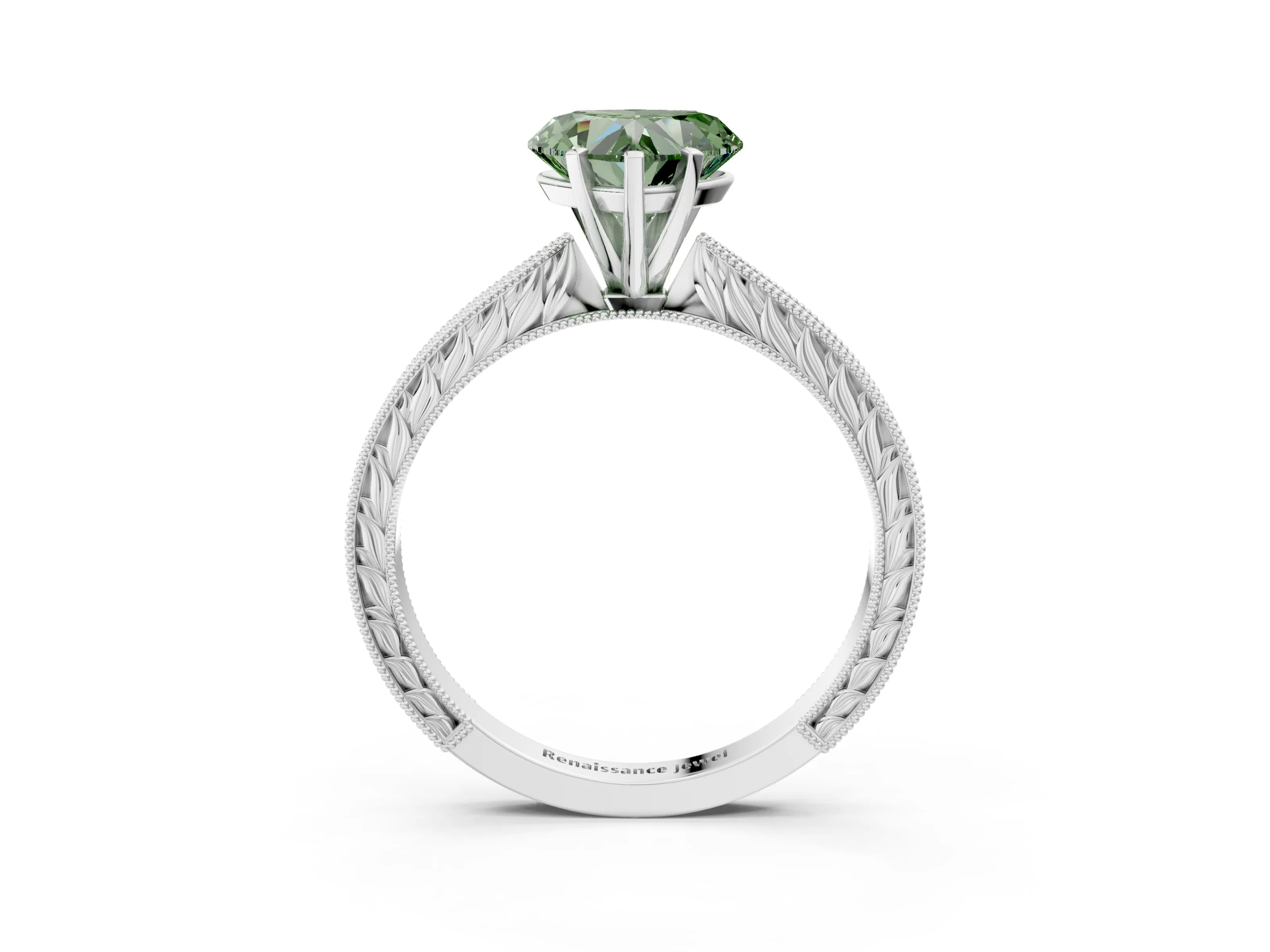 White gold Fancy Green Heart Cut Solitaire Milgrain Engraved Band with Four-Prong Setting_3