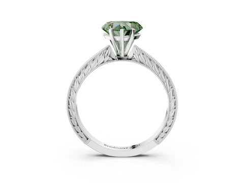 White gold Fancy Green Heart Cut Solitaire Milgrain Engraved Band with Four-Prong Setting_3