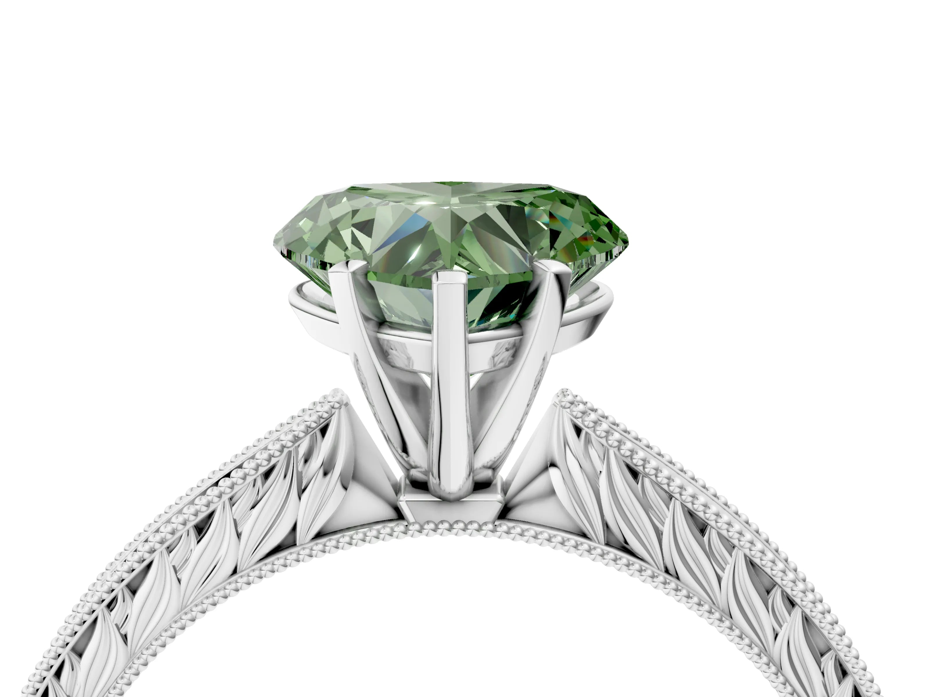 White gold Fancy Green Heart Cut Solitaire Milgrain Engraved Band with Four-Prong Setting_4