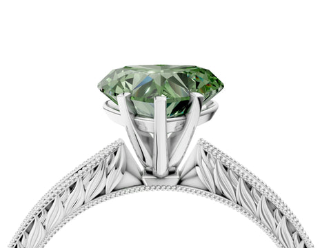 White gold Fancy Green Heart Cut Solitaire Milgrain Engraved Band with Four-Prong Setting_4