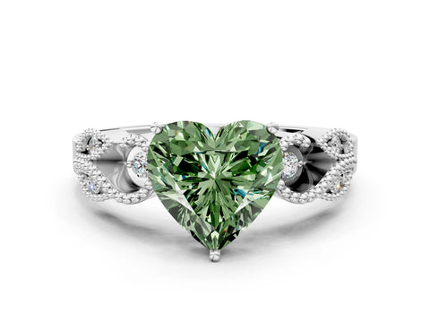 White gold Fancy Green Heart Cut Solitaire Milgrain Leaf Band with Prong Setting_12