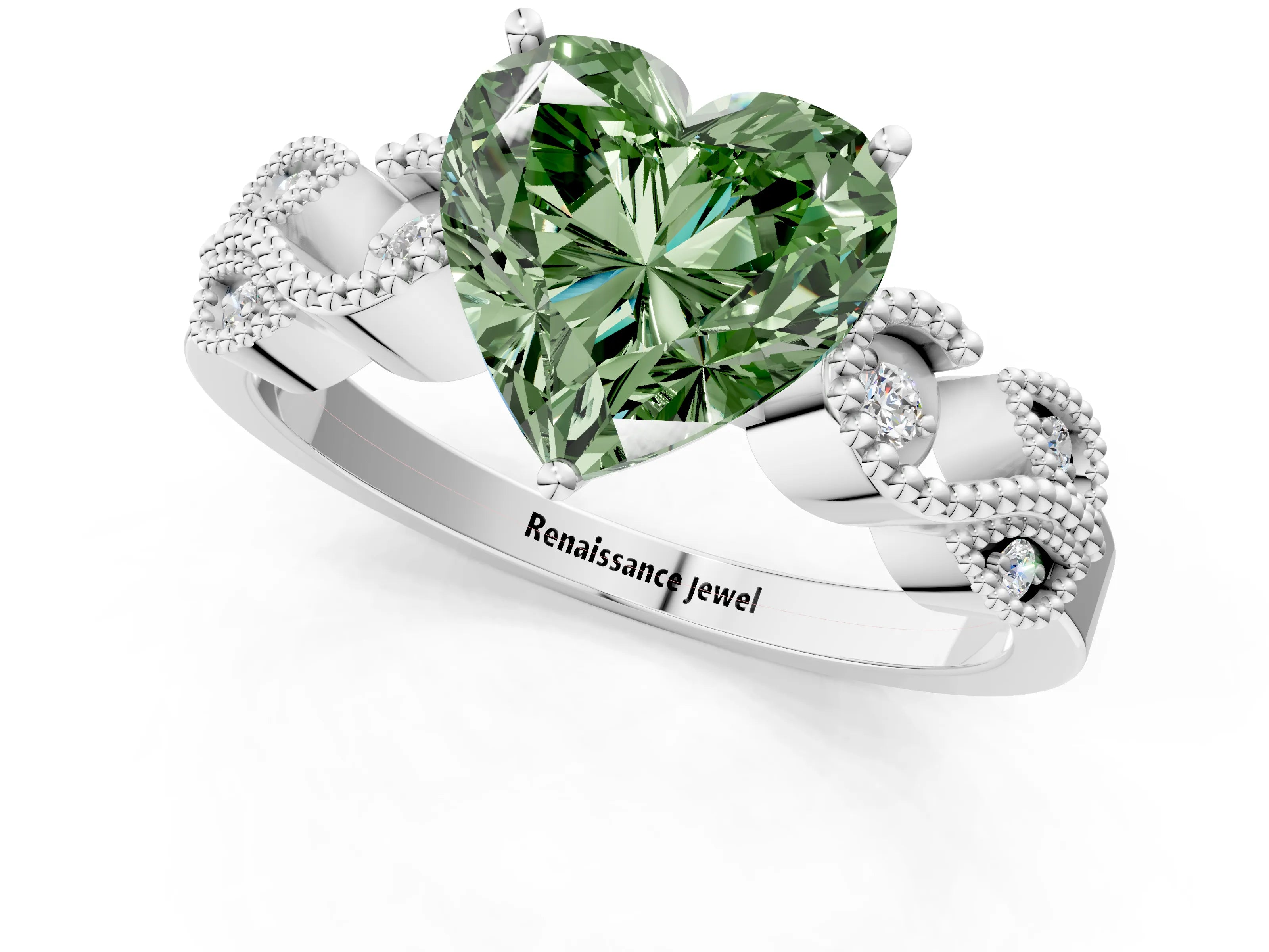 White gold Fancy Green Heart Cut Solitaire Milgrain Leaf Band with Prong Setting_13
