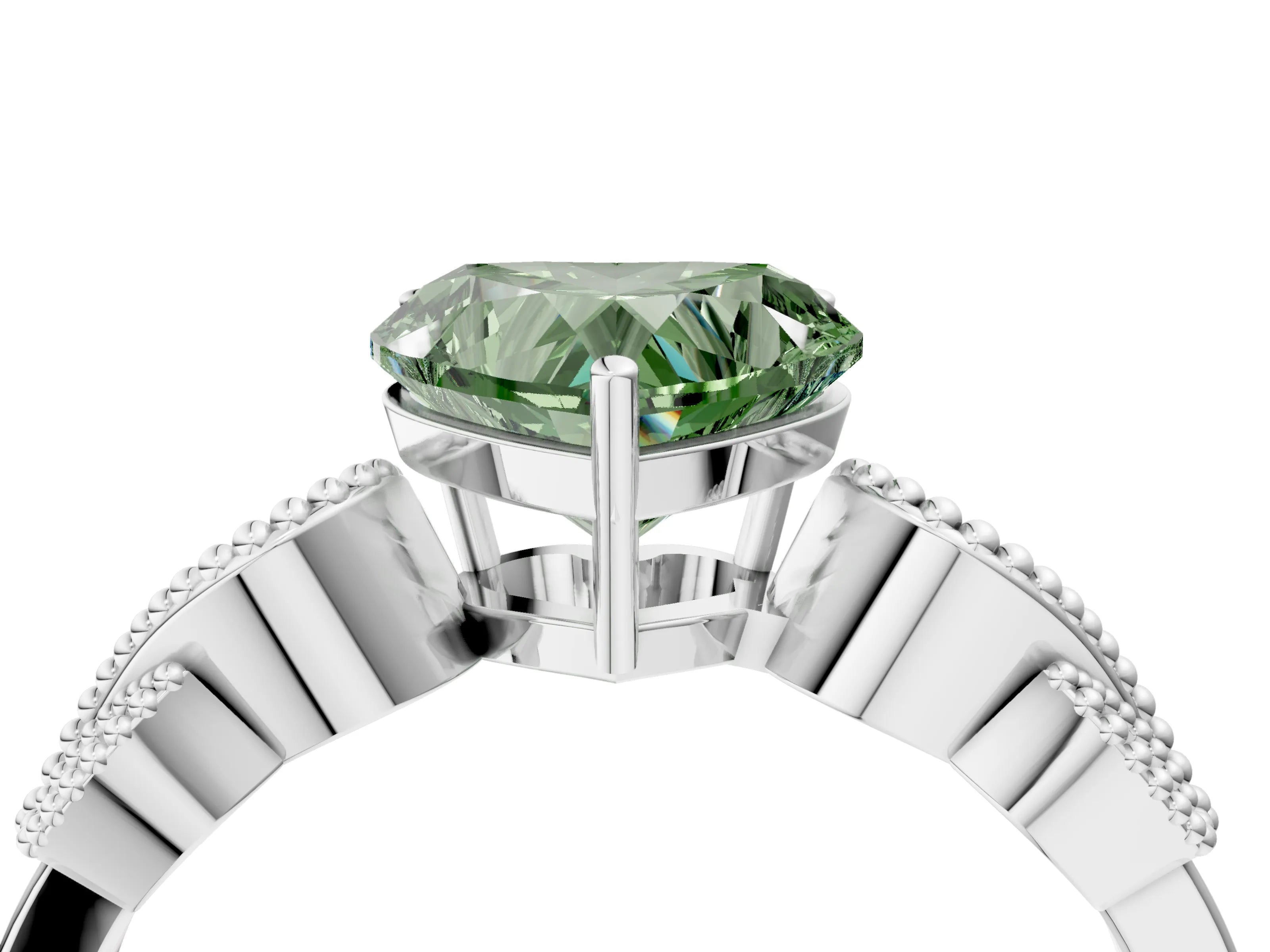 White gold Fancy Green Heart Cut Solitaire Milgrain Leaf Band with Prong Setting_16