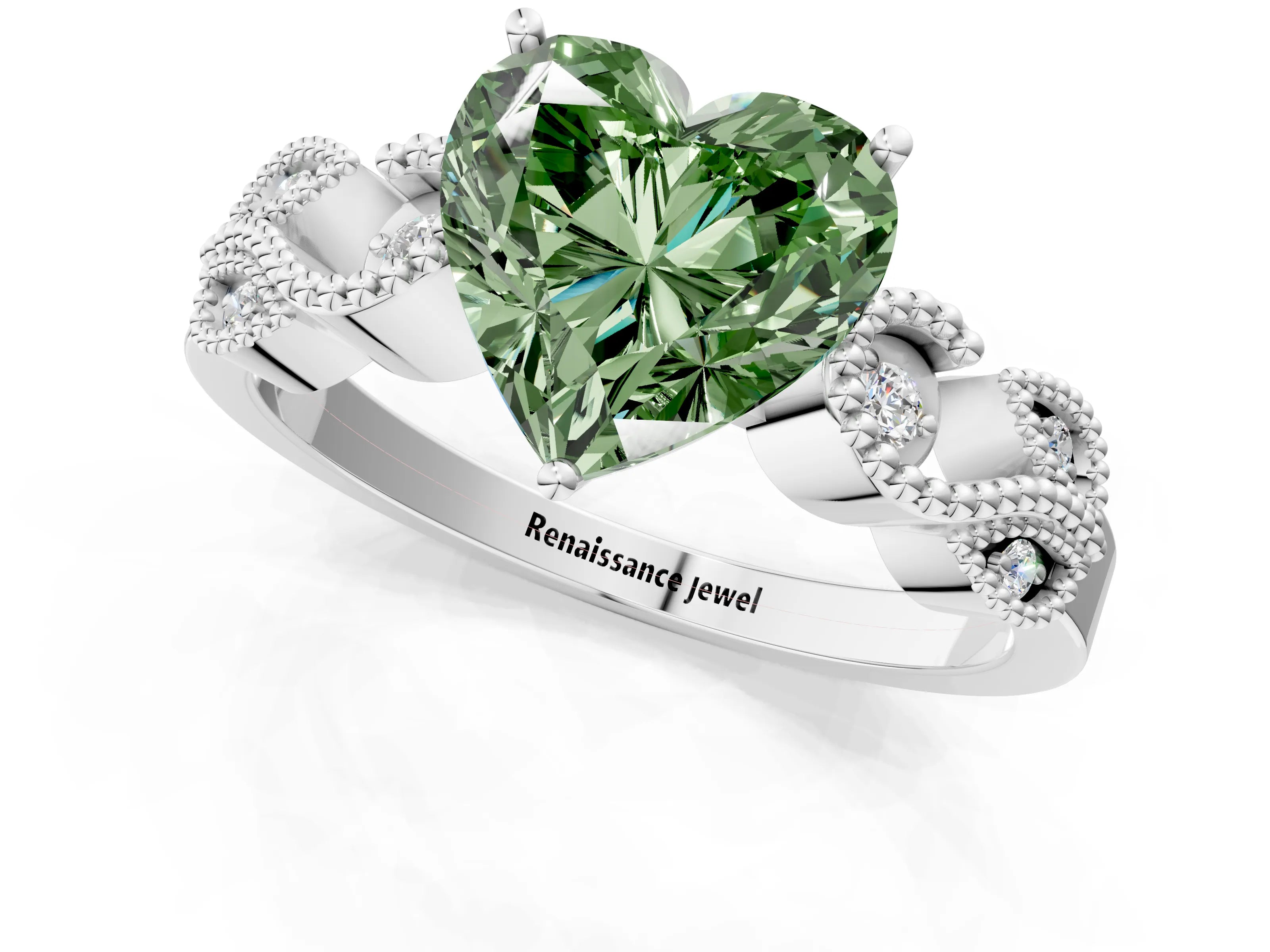 White gold Fancy Green Heart Cut Solitaire Milgrain Leaf Band with Prong Setting_1