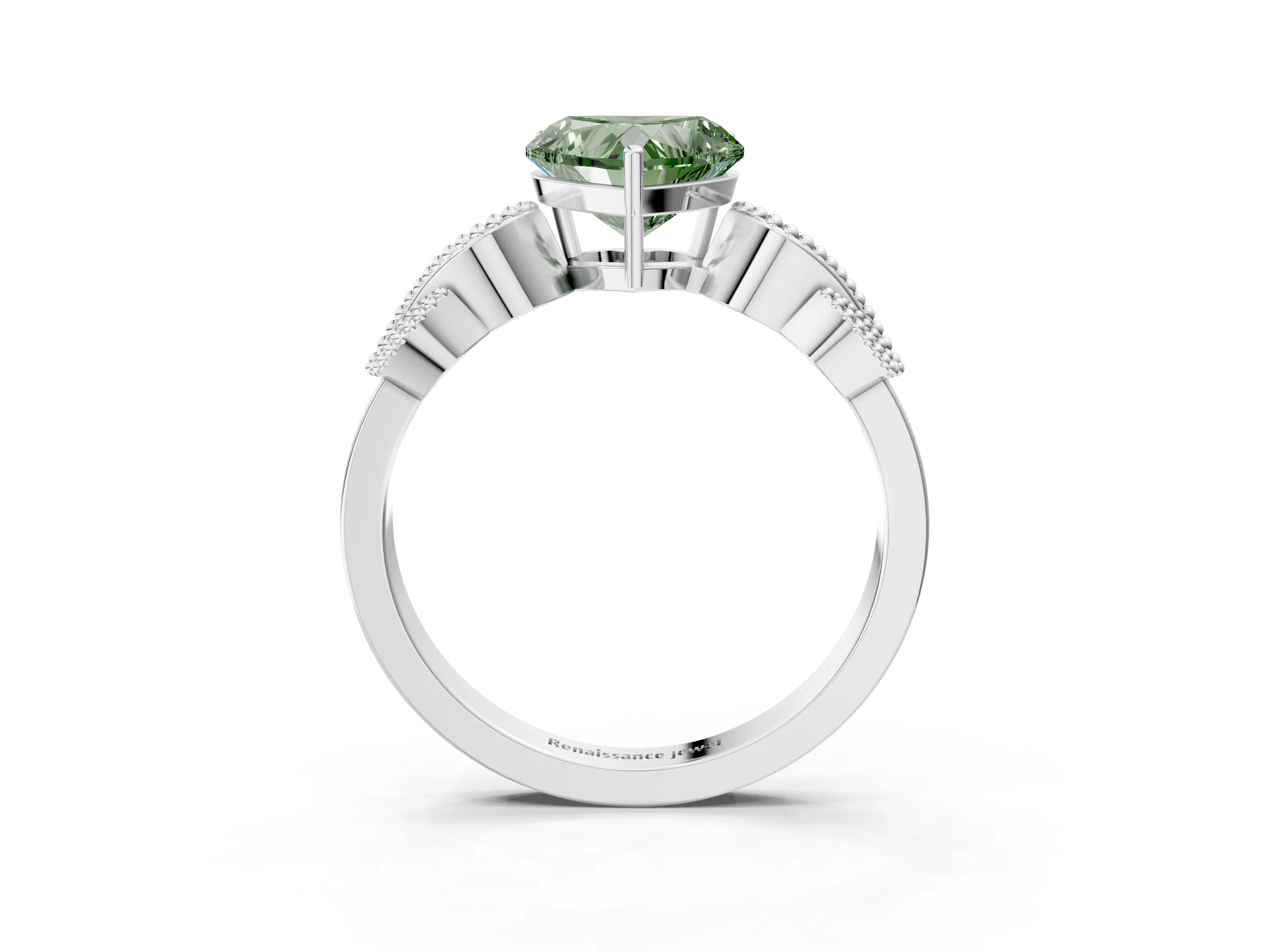 White gold Fancy Green Heart Cut Solitaire Milgrain Leaf Band with Prong Setting_3