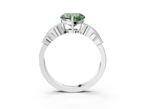 White gold Fancy Green Heart Cut Solitaire Milgrain Leaf Band with Prong Setting_3