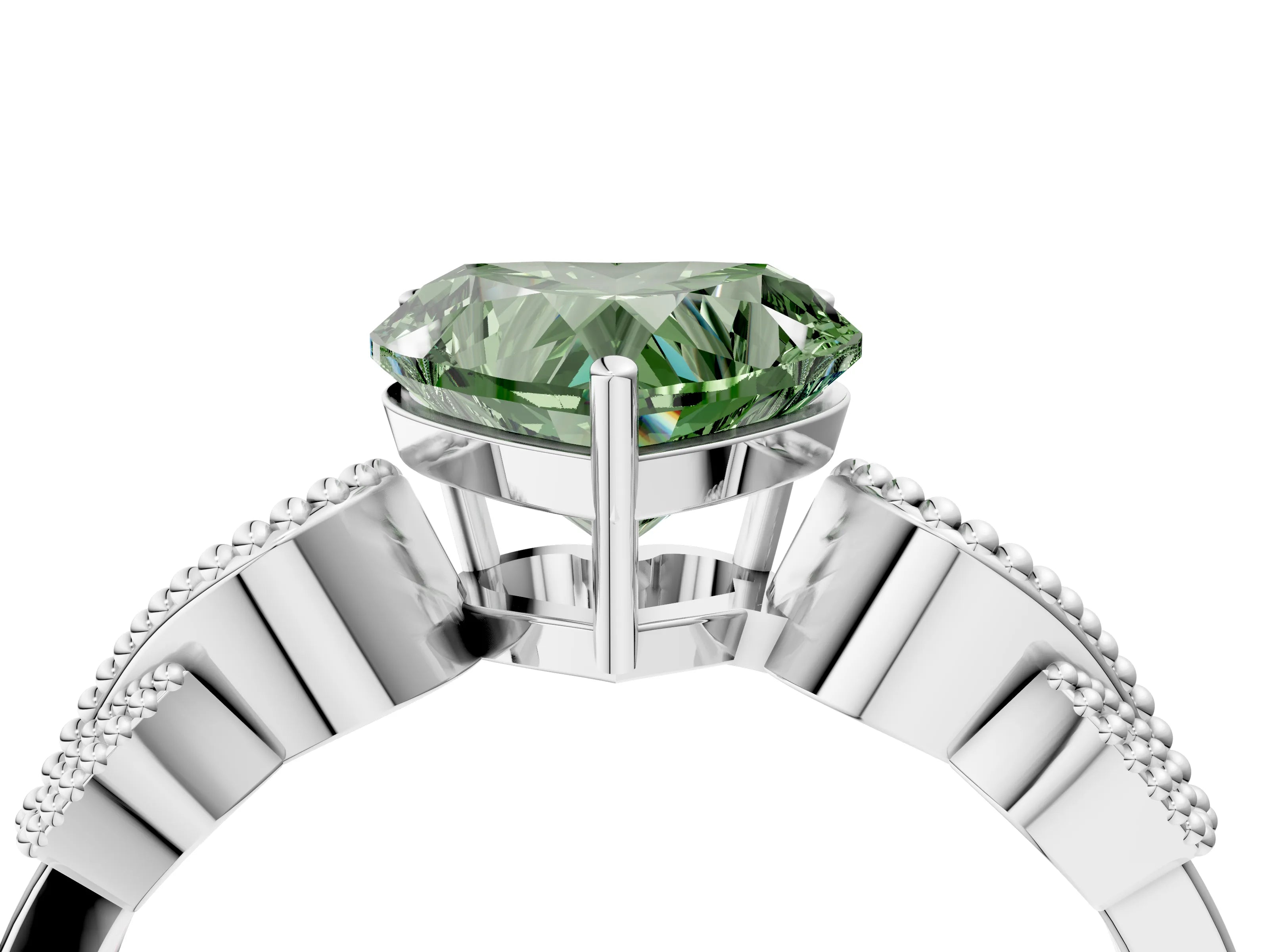 White gold Fancy Green Heart Cut Solitaire Milgrain Leaf Band with Prong Setting_4