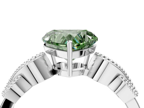 White gold Fancy Green Heart Cut Solitaire Milgrain Leaf Band with Prong Setting_4