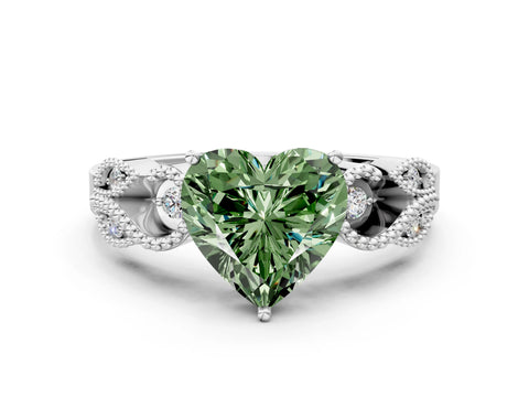 White gold Fancy Green Heart Cut Solitaire Milgrain Leaf Band with Prong Setting