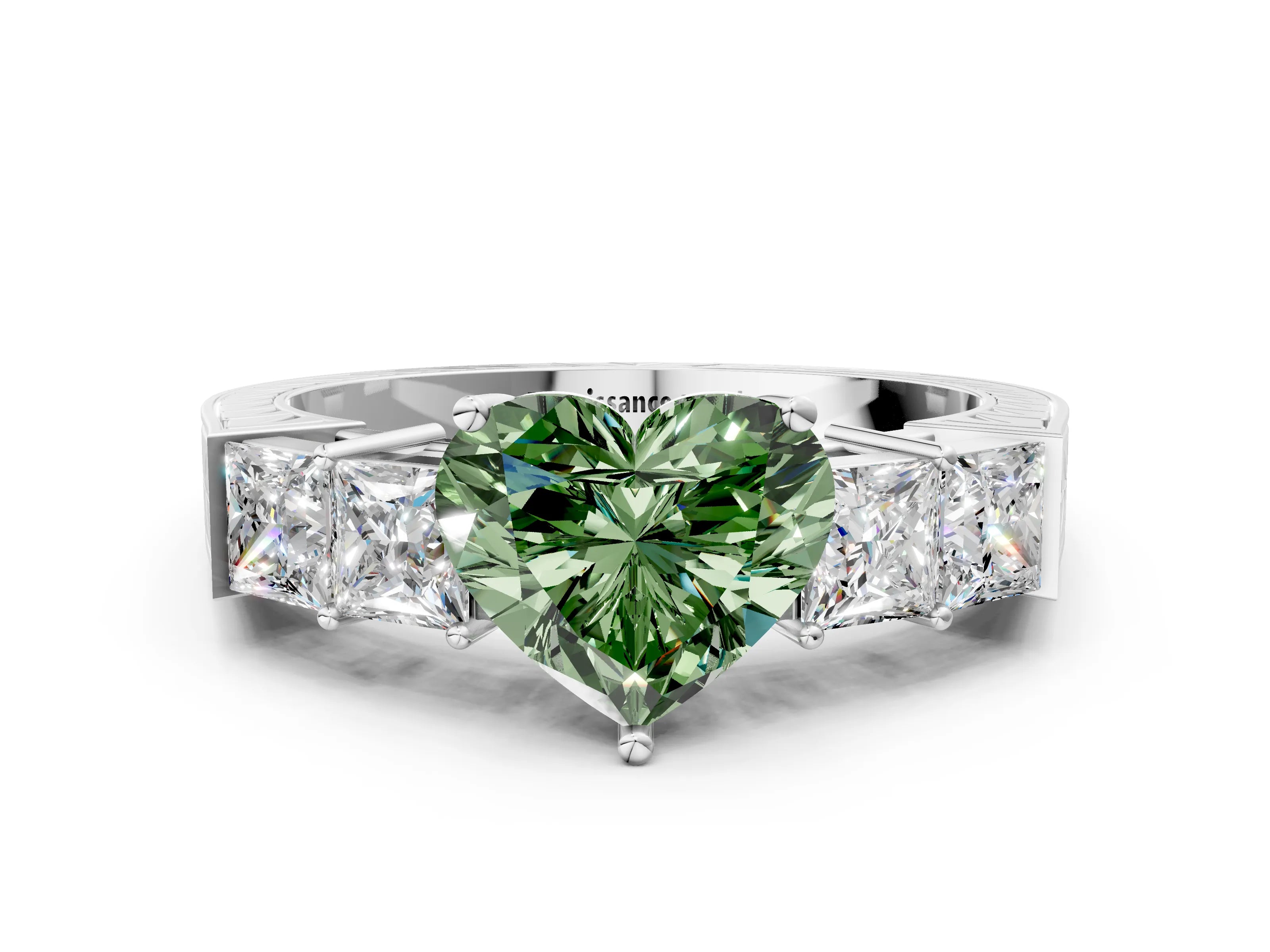 White gold Fancy Green Heart Cut Solitaire Princess Side Stone Engraved Band Prong Setting Ring_12