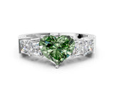 White gold Fancy Green Heart Cut Solitaire Princess Side Stone Engraved Band Prong Setting Ring_12