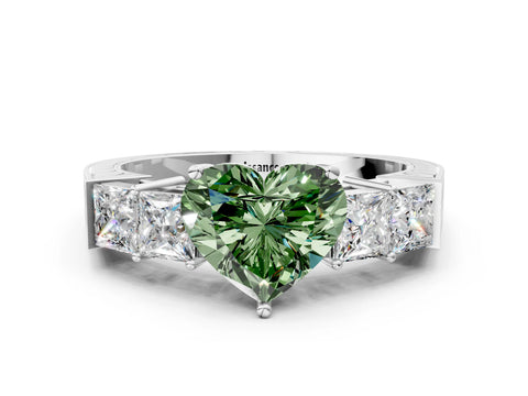 White gold Fancy Green Heart Cut Solitaire Princess Side Stone Engraved Band Prong Setting Ring_12
