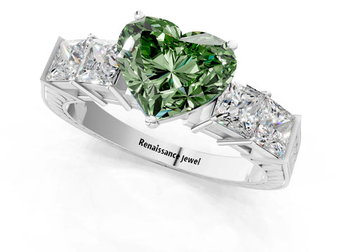 White gold Fancy Green Heart Cut Solitaire Princess Side Stone Engraved Band Prong Setting Ring_13