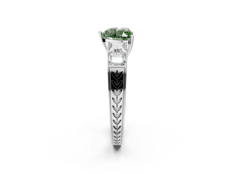 White gold Fancy Green Heart Cut Solitaire Princess Side Stone Engraved Band Prong Setting Ring_14