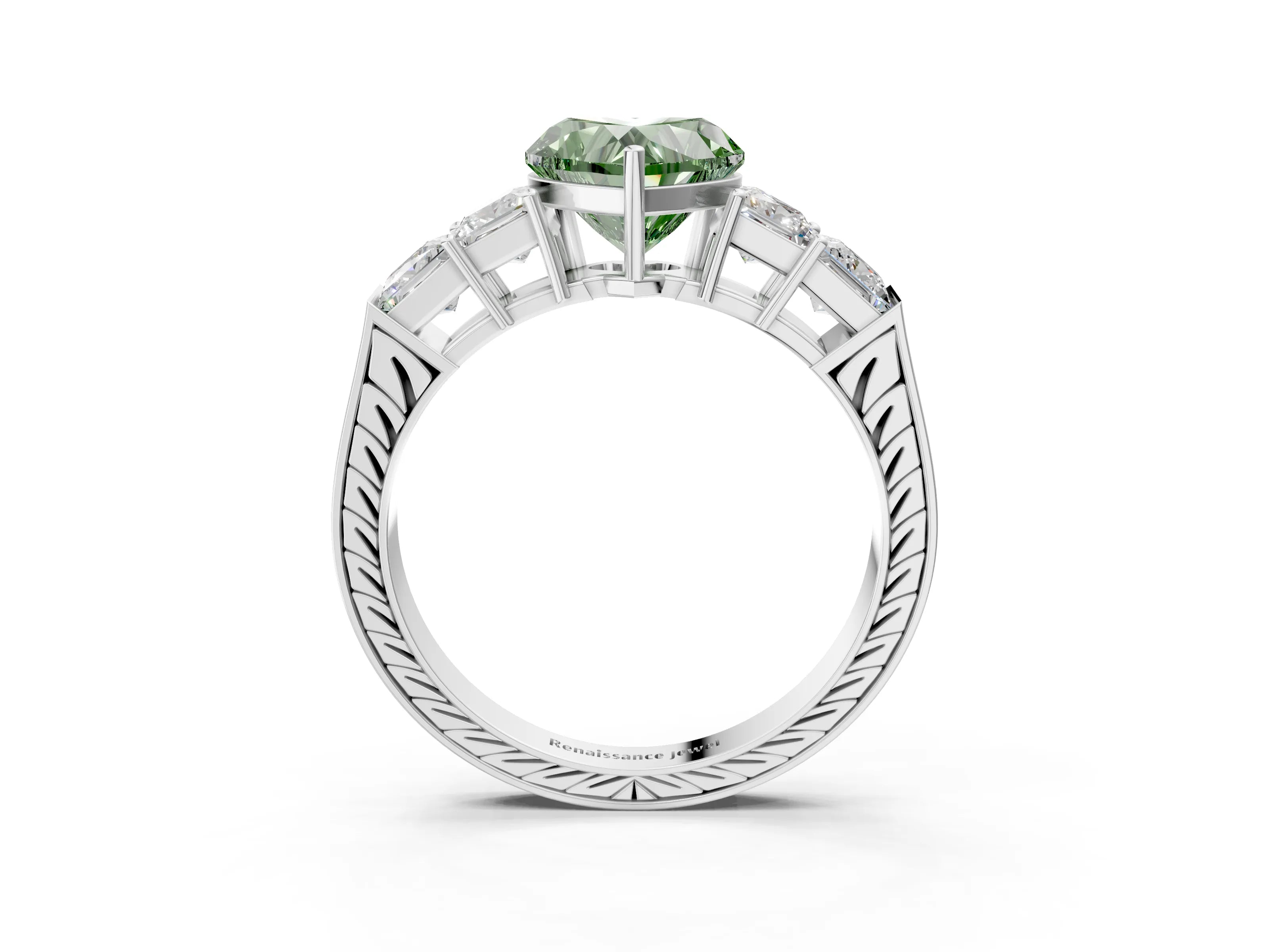 White gold Fancy Green Heart Cut Solitaire Princess Side Stone Engraved Band Prong Setting Ring_15