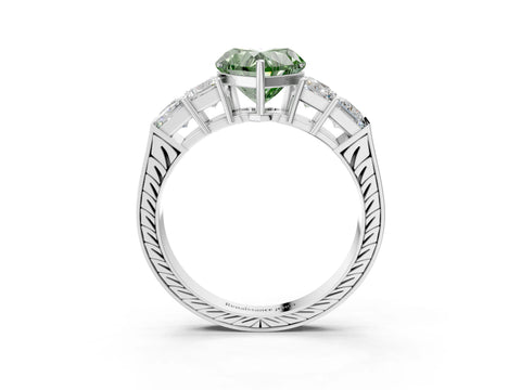 White gold Fancy Green Heart Cut Solitaire Princess Side Stone Engraved Band Prong Setting Ring_15